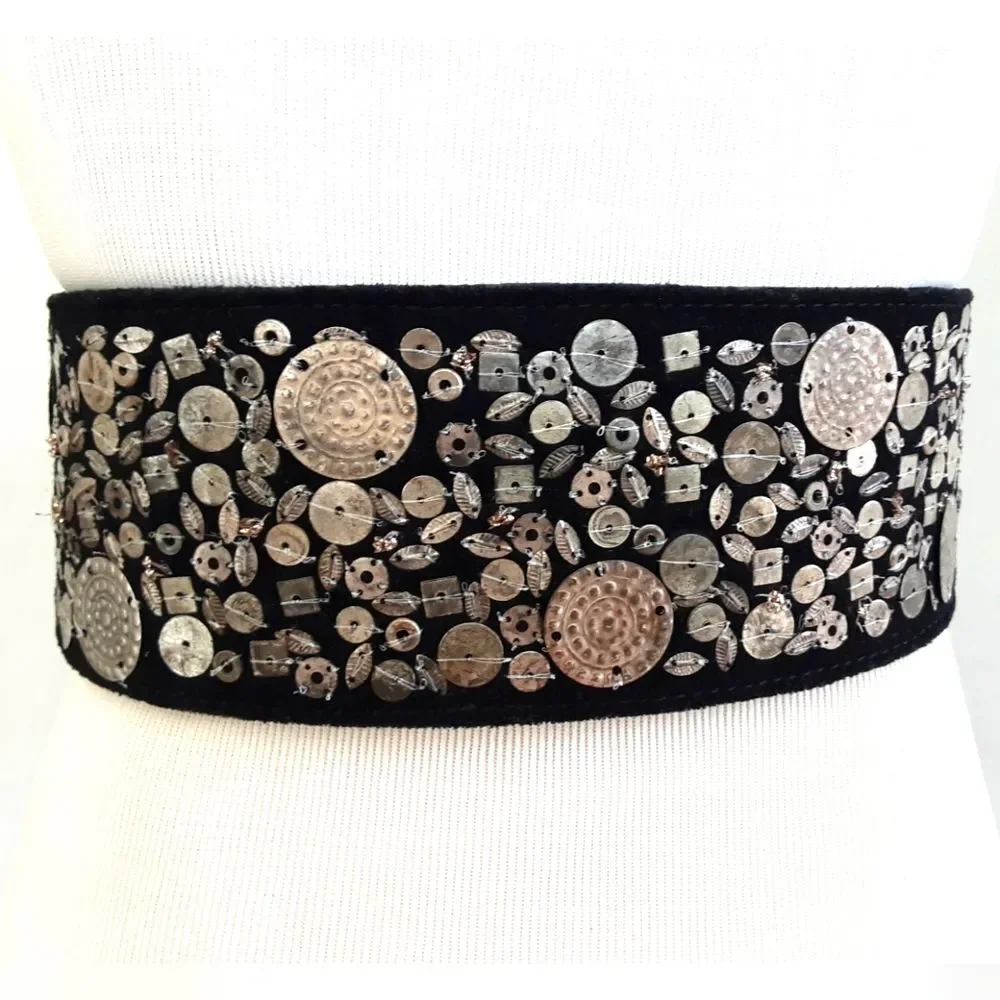 CHICO'S Metal Embellished Black Suede Waist Cincher Belt Sz Large